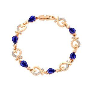 14K Gold Plated Sapphire Heart Link Bracelet Crystal Rhinestone bangle Bracelet